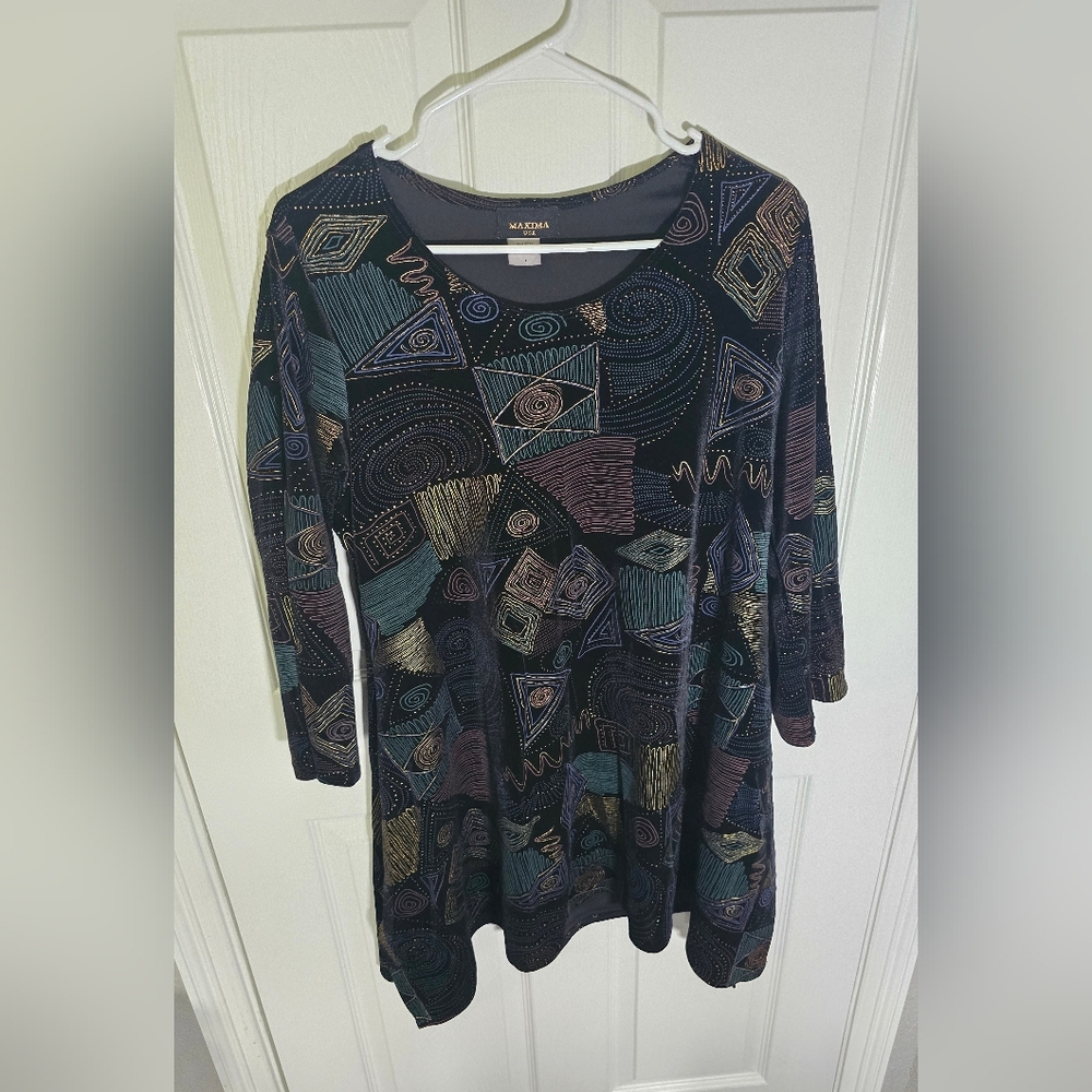 Maxima Womens Geo Abstract Print Black Velvet Long Sleeve Dress Large